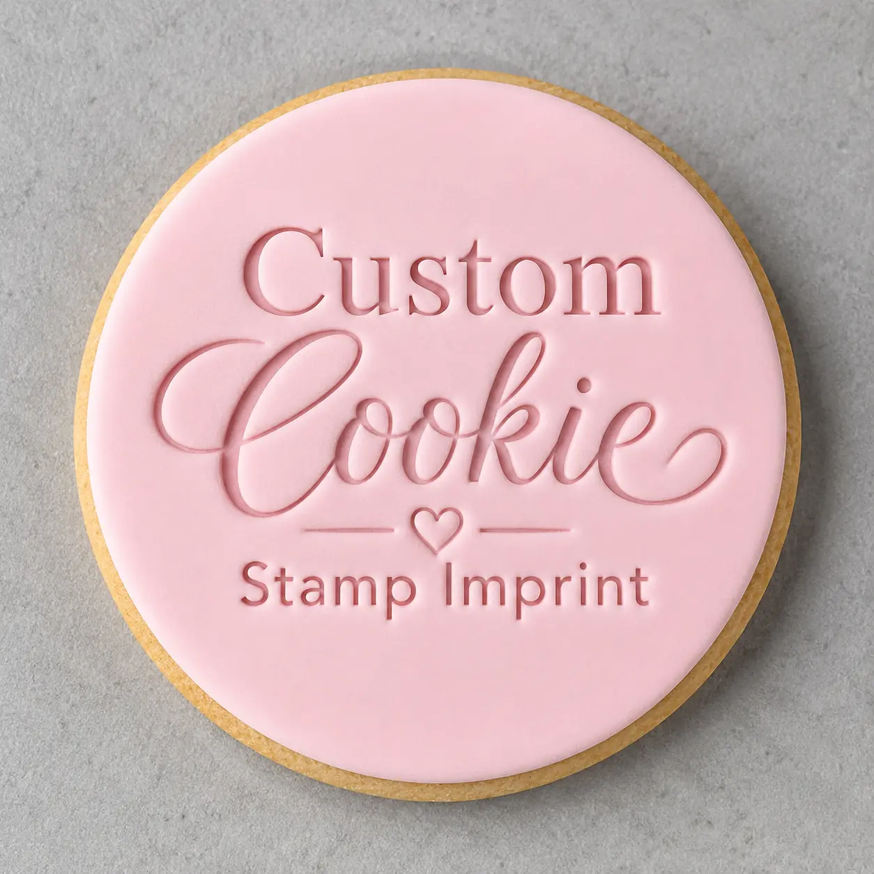 Round acrylic cookie stamp with wording pressed into a baked cookie.