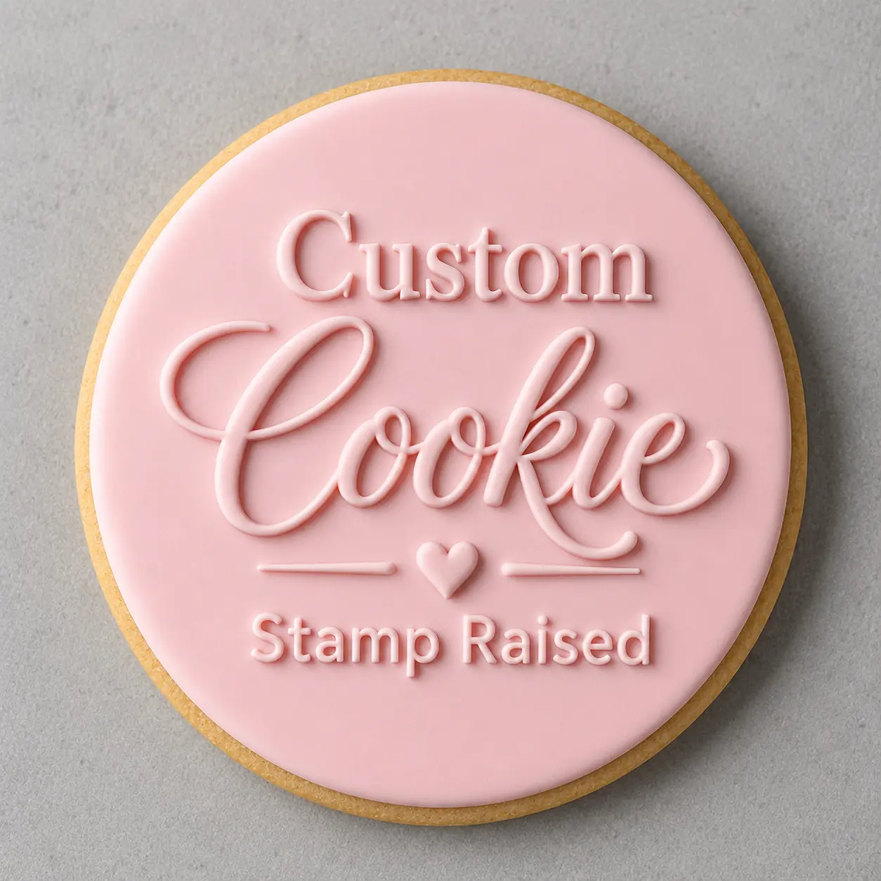 Cookie with softly raised lettering standing proud of the cookie surface.