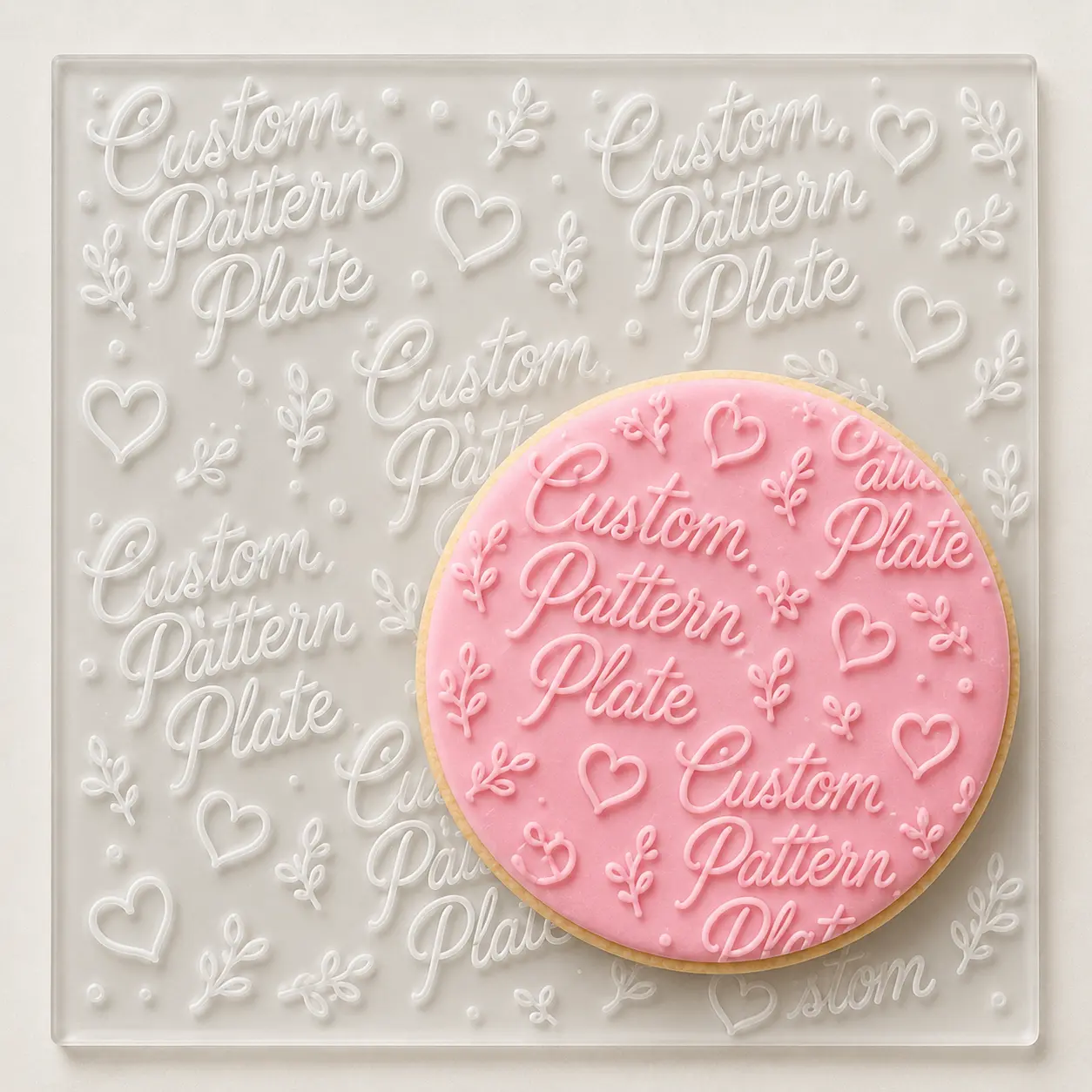 Acrylic pattern plate covered edge-to-edge in a repeating cookie design.